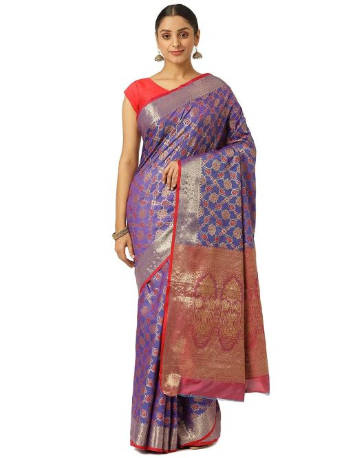 Drapshe Womens Banarasi Silk Blue Saree With Blouse Piece
