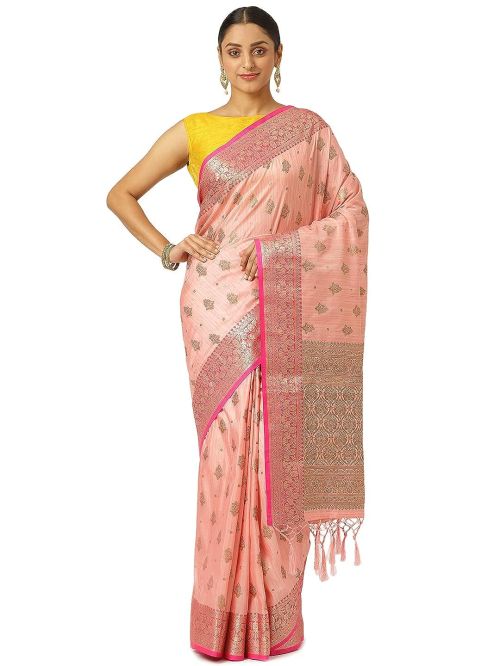Drapshe Womens South Silk Pink Saree With Blouse Piece