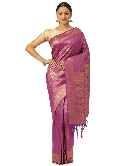 Drapshe Womens Kanjivaram Silk Purple Saree With Blouse Piece