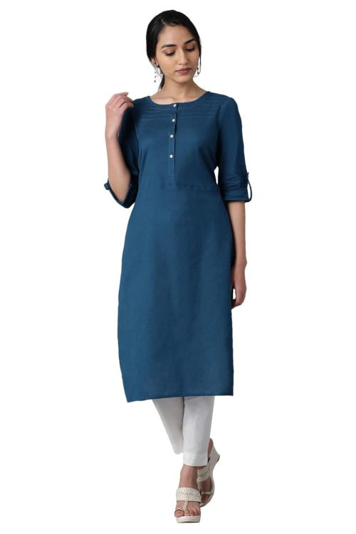 Drapshe Blue Round Neck Solid kurta