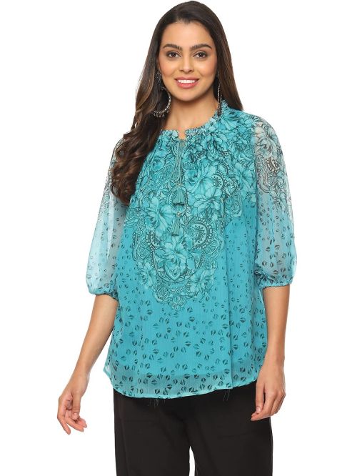 Drapshe Blue Cotton Blend Printed Kurti