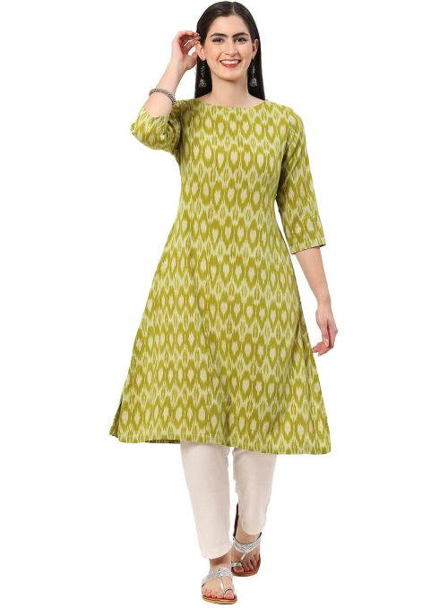 Drapshe Olive Cotton IKAT Straight Yarndyed Kurta