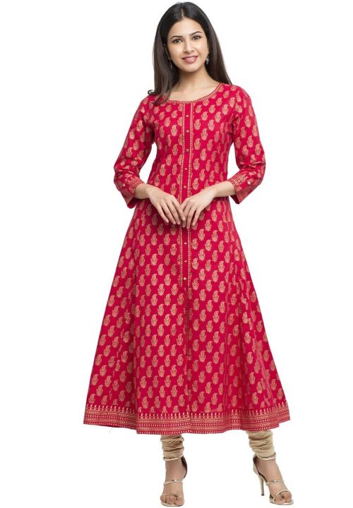 Drapshe Women's Cotton Gold Printed Anarkali Kurta