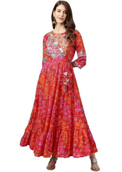 Drapshe Women's Cotton Printed Anarkali Embroidery Kurti(Red & Orange)