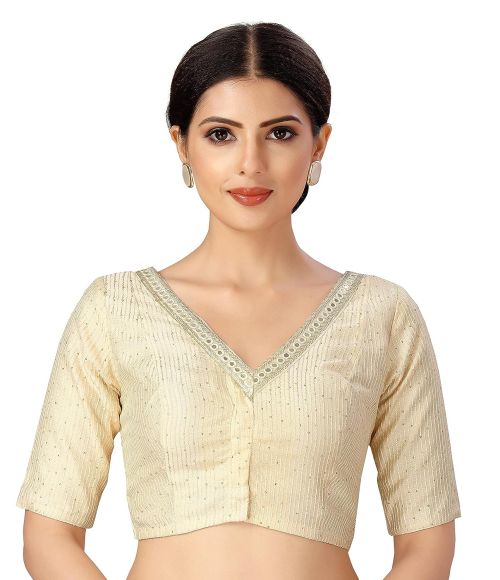 Drapshe Women's Readymade Polyester Elbow Length Sleeves Saree Blouse with Mirror Work