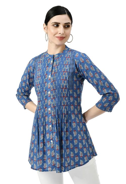 Drapshe Women Printed Blue Casual Cotton Short Kurti and top