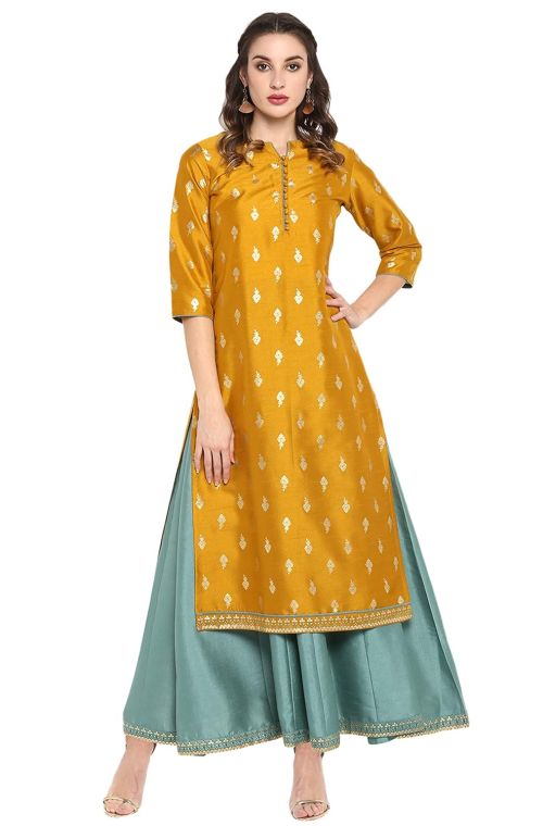 Drapshe Women's Mustard Poly Silk Gold Print Maxi Dress