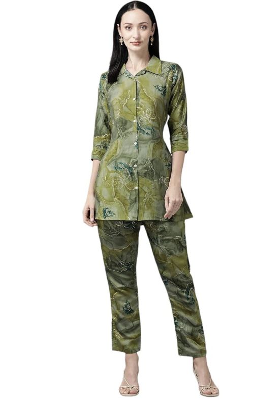 Fabslo Womens Green Colour Silk Printed Co-ord Set