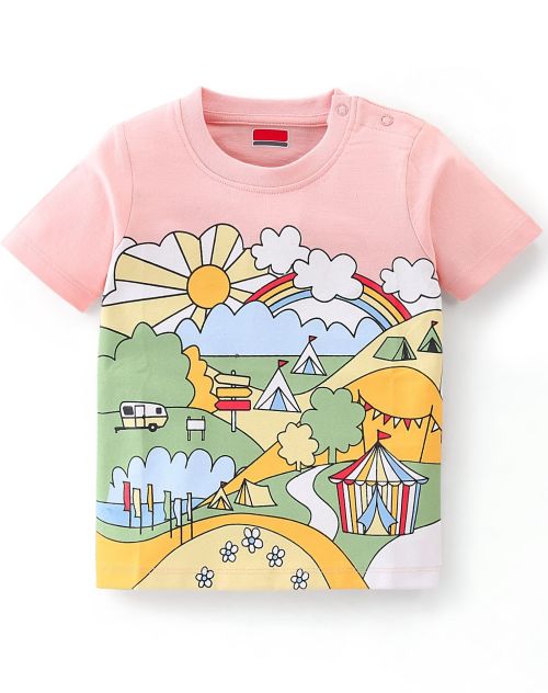 Kidstilo 100% Cotton Knit Half Sleeves T-Shirt Tent Graphics - Peach