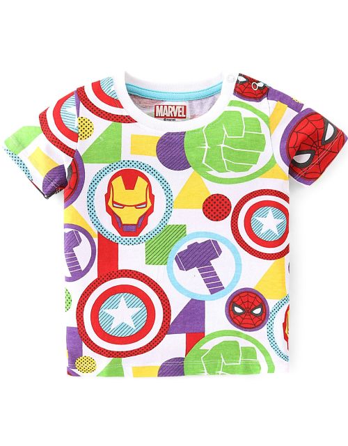 Kidstilo Marvel Cotton Knit Half Sleeves T-Shirt with Avengers Print - White & Green