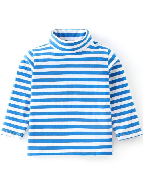 Kidstilo Cotton Knit Full Sleeves Skivi Turtle Neck Tee With Striped Graphics- Blue & White