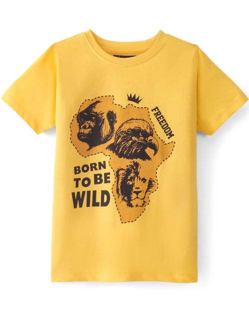 Kidstilo 100% Cotton Knit Half Sleeves T-Shirt Lion Print - Snapdragon Yellow