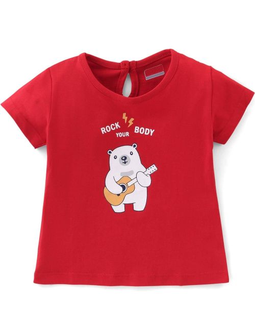Kidstilo 100% Cotton Half Sleeves Tee Bear Print - Red