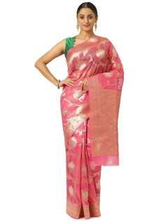 Drapshe Womens Organza Silk Pink Saree With Blouse Piece