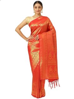 Drapshe Womens Kanjivaram Silk Red Saree With Blouse Piece