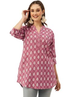 Drapshe Comfort Fit Ditsy Stripe Printed Straight Cotton Tunic