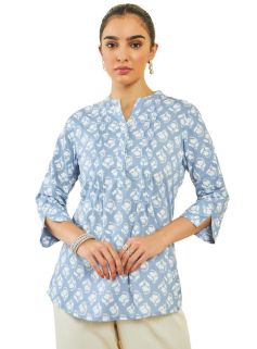 Drapshe Womens Powder Blue Cotton Floral Print Tunic