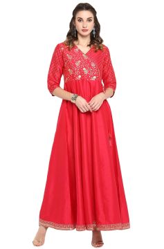 Drapshe Women's Pink Poly Silk Ethnic Dress