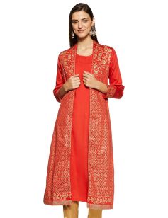 Drapshe Womens Open Front Printed Kurta with Jacket