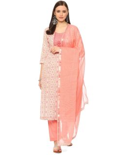 Drapshe Women's Pink Cotton Handloom Unstitched Suit Set
