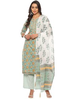 Drapshe Women's Green Cotton Hand Block Print Unstitched Suit Set