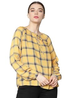 Drapshe Womens Tie Up Neck Checked Top