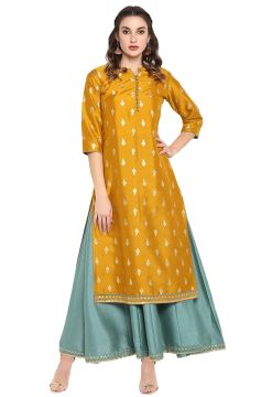 Drapshe Women's Mustard Poly Silk Gold Print Maxi Dress