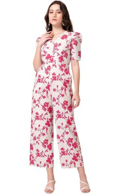 Fabslo White And Pink Floral Print Poplin Jumpsuit
