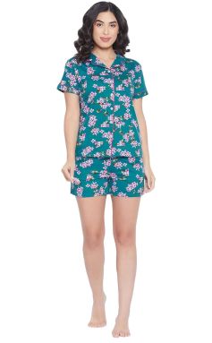 Fabslo Women's Cotton Floral Print Shirt & Shorts Set in Blue
