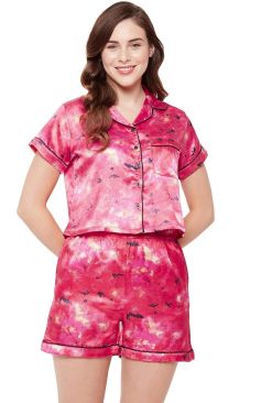 Fabslo Women's Satin Printed Button Down Crop Shirt & Shorts Set