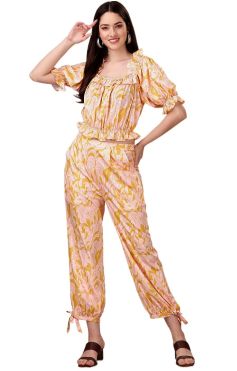 Fabslo Women's co-ord Set Chic Peach & Yellow Print