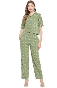 Fabslo Women's Co-ord Set (Light Green Printed Crepe Crop Shirt with Pant)