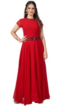 Fabslo Women's Georgette Embroidery Mustard Anarkali Stitched Gown Dress