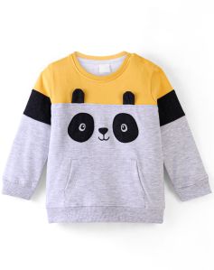 KIdstilo 100% Cotton Knit Full Sleeves T-Shirt With Panda Graphics -Grey & Yellow