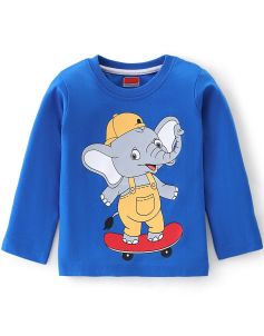 Kidstilo 100% Cotton Knit Full Sleeves T-Shirt with Elephant Graphics -Blue