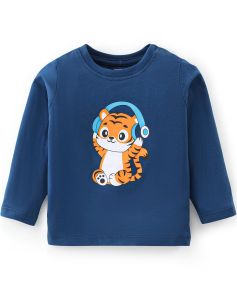 Kidstilo 100% Cotton Knit Full Sleeves T-Shirt With Tiger Print - Navy Blue