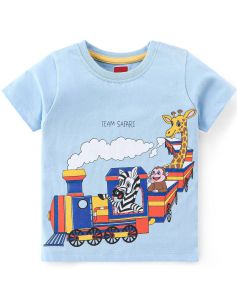 Kidstilo 100% Cotton Knit Half Sleeves Tee With Train Graphics- Blue