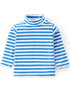 Kidstilo Cotton Knit Full Sleeves Skivi Turtle Neck Tee With Striped Graphics- Blue & White