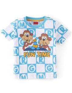 Kidstilo 100% Cotton Half Sleeves T-Shirt with Monkey Graphics - White & Blue