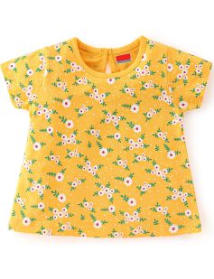 Kidstilo 100% Cotton Knit Half Sleeves Floral Print T-Shirt - Yellow