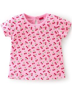 Kidstilo 100% Cotton Knit Half Sleeves T-Shirt With Cherry Graphics - Pink
