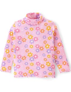 Kidstilo 100% Cotton Knit Full Sleeves Skivi T-Shirt with Floral Print & Lettuce Hem Detailing-Pink